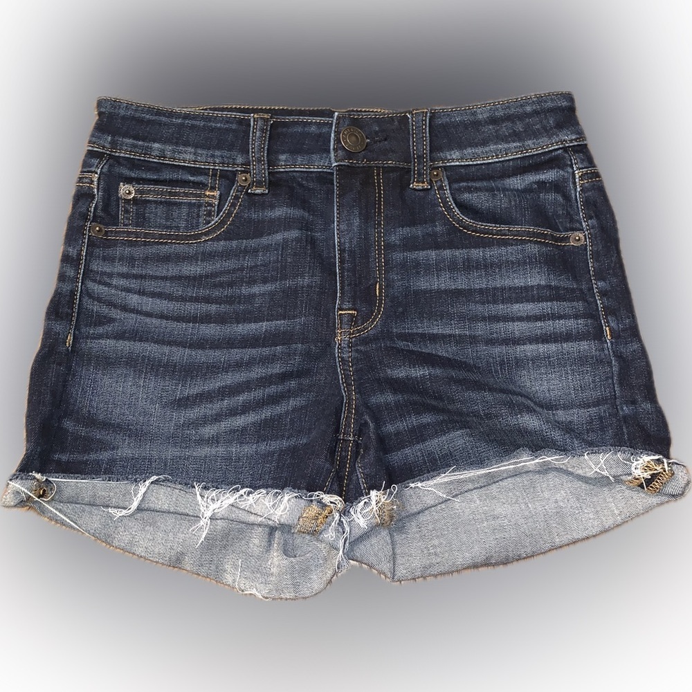 American Eagle Outfitters Hi Rise Shortie Shorts Dark Wash Blue Jean Denim 4